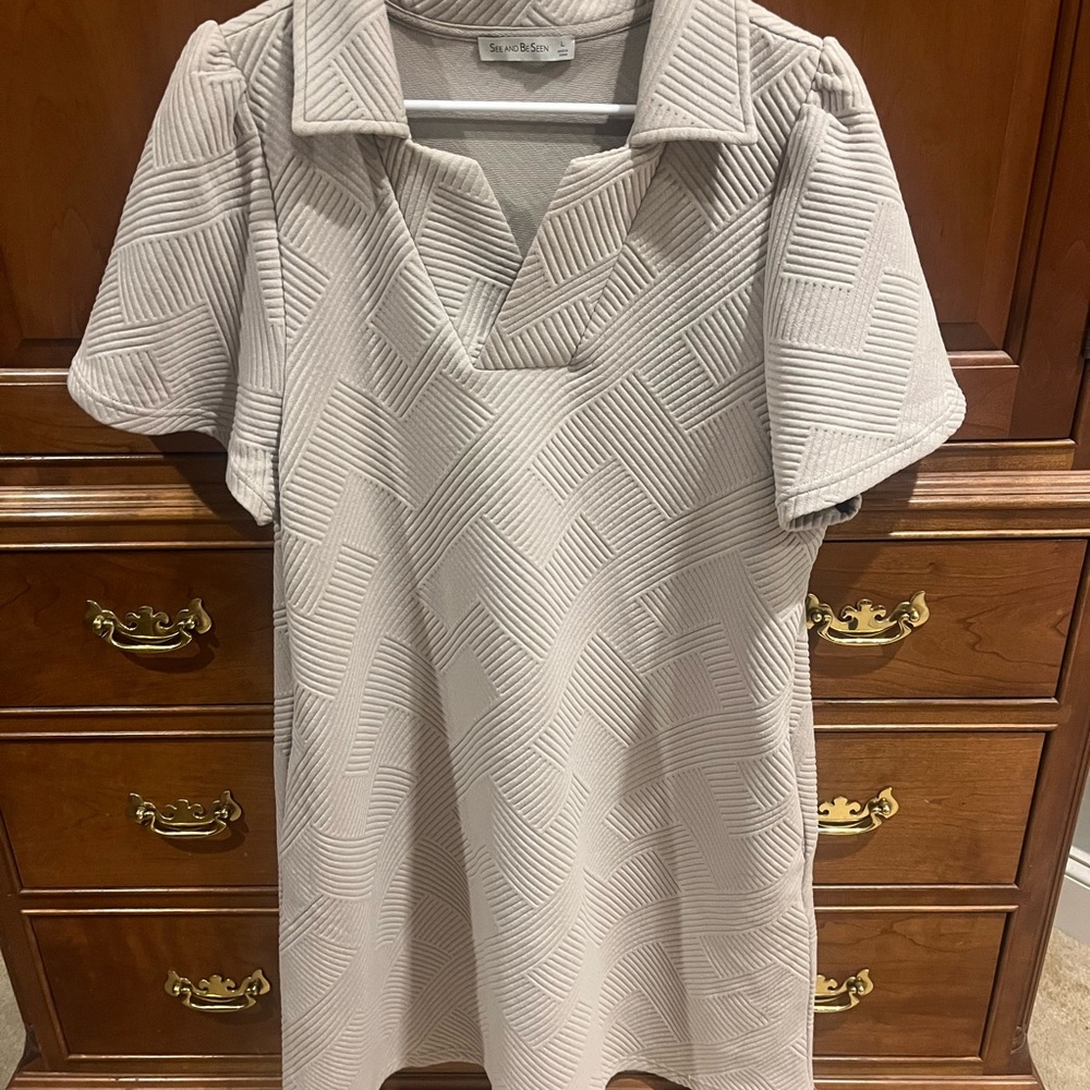 See and be Seen Textured Beige Short Sleeve Dress